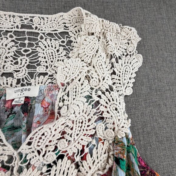 Umgee Mini Shift Dress Small Floral Crochet Neckline Cotton Blend V-Neck - Picture 4 of 11